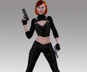 Картинка 3д+графика люди+ people девушка взгляд фон рыжая оружие