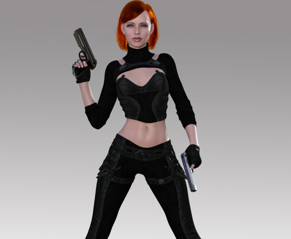 Обои картинки фото 3д графика, люди , people, девушка, взгляд, фон, рыжая, оружие