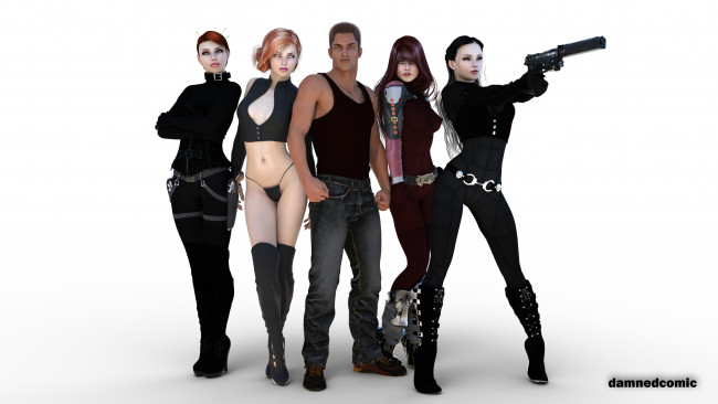 Обои картинки фото 3д графика, люди , people, девушки, взгляд, фон, оружие, парень