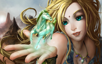 Картинка фэнтези девушки девушка магия ладонь скалы лошадь колье