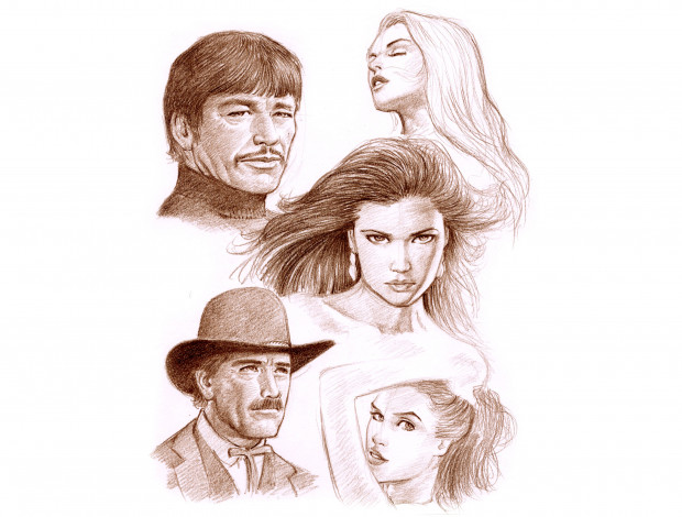 Обои картинки фото рисованное, кино, мужчина, портрет, девушка, скетч, фон