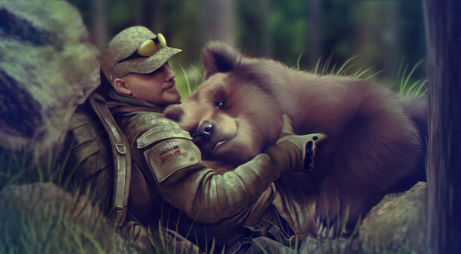 Обои картинки фото фэнтези, люди, лес, мужчина, кепка, очки, человек, арт, зверь, медведь