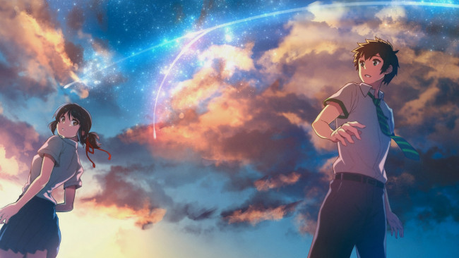 Обои картинки фото аниме, kimi no na wa, небо, девушка, парень