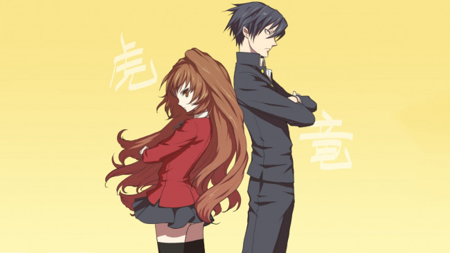 Обои картинки фото аниме, toradora, девушка, взгляд, фон, парень