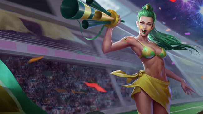 Обои картинки фото видео игры, heroes of newerth, купальник, стадион, bushwack, art, heroes, of, newerth, hon, vuvuzela, грудь, девушка