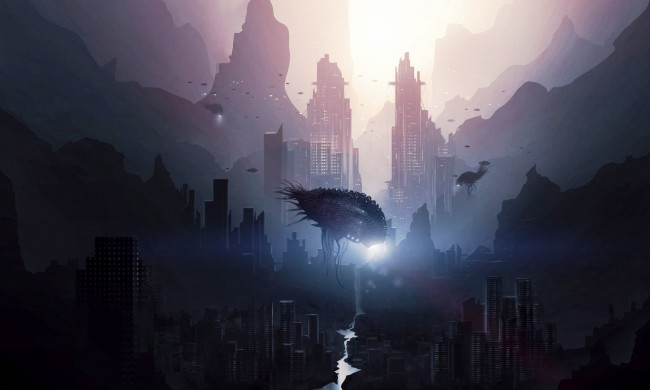 Обои картинки фото фэнтези, иные миры,  иные времена, город, здания, существа, река, дома