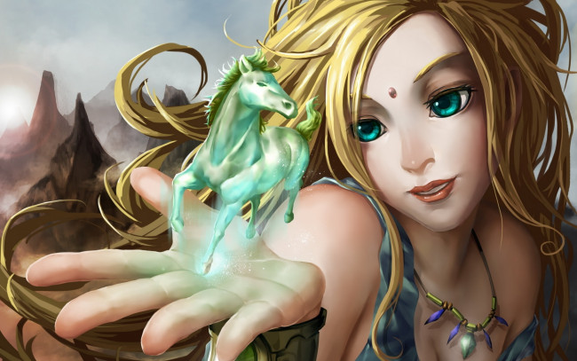 Обои картинки фото фэнтези, девушки, девушка, магия, ладонь, скалы, лошадь, колье