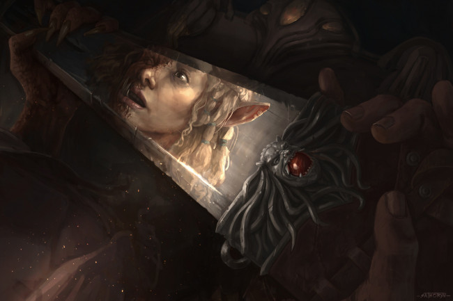 Обои картинки фото фэнтези, демоны, лицо, отражение, эльф, взгляд, испуг, fantasy, фэнтази, арт