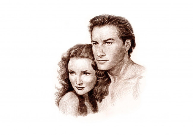 Обои картинки фото рисованное, кино, мужчина, скетч, портрет, фон, взгляд, девушка
