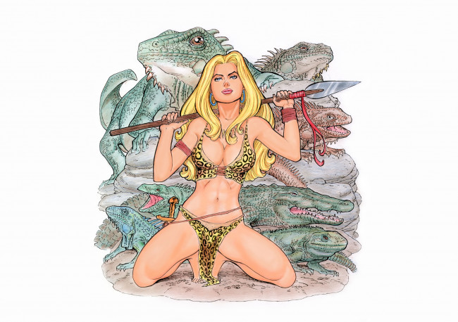 Обои картинки фото рисованное, комиксы, млекопитающие, купальник, копье, взгляд, фон, девушка