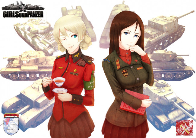 Обои картинки фото аниме, girls und panzer, фон, взгляд, девушки