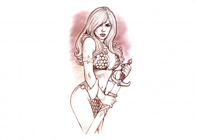 Обои картинки фото рисованное, комиксы, кольчуга, девушка, фон, взгляд, скетч, меч