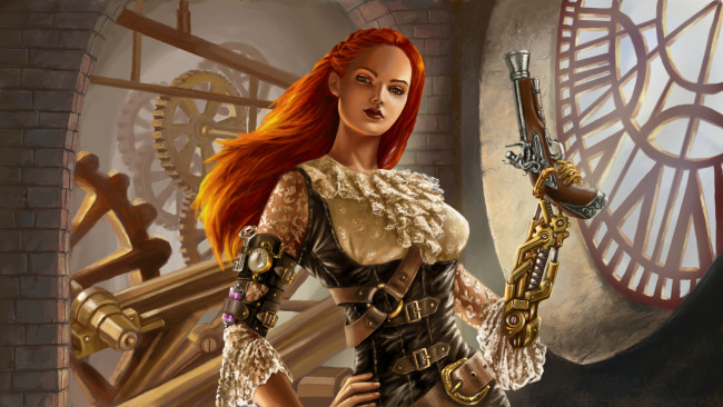 Обои картинки фото фэнтези, роботы,  киборги,  механизмы, взгляд, рука, фон, девушка, пистолет