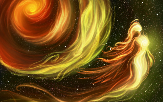 Обои картинки фото фэнтези, существа, девушка, космос, огонь, фэнетзи, by, earlinwe