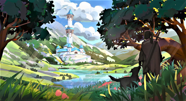 Обои картинки фото фэнтези, иные миры,  иные времена, человек, собака, город, лес, горы