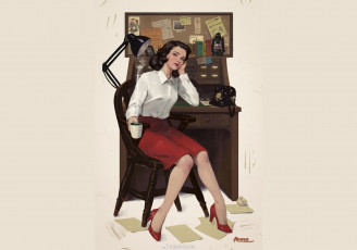 Картинка рисованное люди девушка блузка юбка каблуки чашка стол