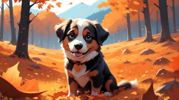 обоя рисованное, животные,  собаки, собака, ошейник, осень, горы, листья, деревья, лес