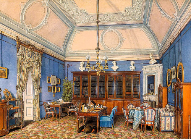 Обои картинки фото рисованное, эдуард гау, дворец, интерьер, зал, свод, лепнина, люстра, стулья, столы, ковер, шкаф, кресла