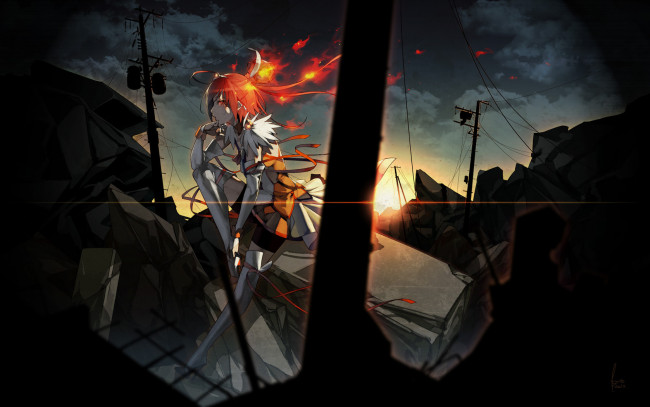 Обои картинки фото аниме, smile, precure, девушка, огонь, город, рассвет, руины