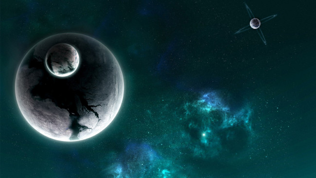 Обои картинки фото космос, арт, планета, спутник