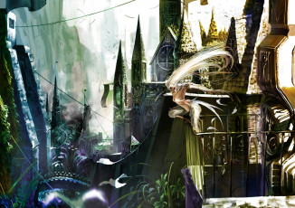 Картинка аниме -animals+&+creatures арт karasu-san syh3iua83 девушка замок трава крылья птица перья мост флаг