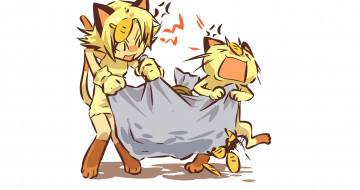 Картинка аниме pokemon мяут мешок драка девушка белый фон покемон арт