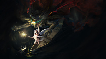 Картинка аниме -angels+&+demons art karasu-san девушка лодка фонарь вода монстр