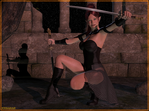 Обои картинки фото 3д графика, эльфы , elves, оружие, взгляд, эльфийка