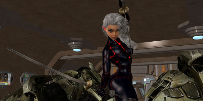 Обои картинки фото 3д графика, фантазия , fantasy, оружие, девушка, взгляд