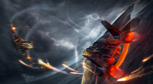 Обои картинки фото авиация, 3д, рисованые, v-graphic, небо, гроза, самолеты, битва, море