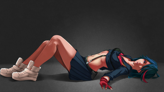 Обои картинки фото аниме, kill la kill, art, pob, девушка, matoi, ryuuko, взгляд, лежит, форма, фон, kill, la