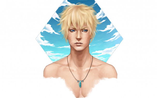 Обои картинки фото рисованные, люди, кулон, парень, небо