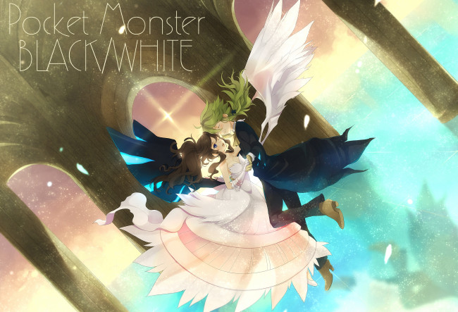 Обои картинки фото аниме, pokemon, романтика, арт, покемон, парень, девушка, крылья, полёт