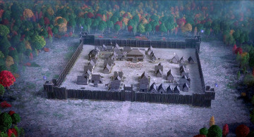 Картинка рисованное города деревья лес деревня частокол дом