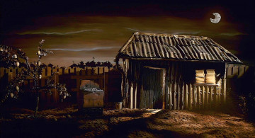 Картинка рисованное города изба луна растения ночь