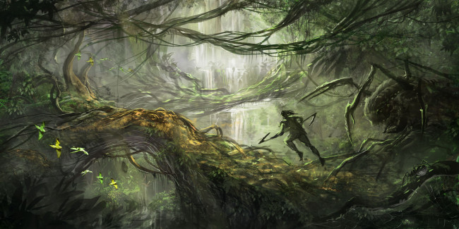 Обои картинки фото фэнтези, существа, джунгли, монстр, чудовище, ветки, воин, птицы