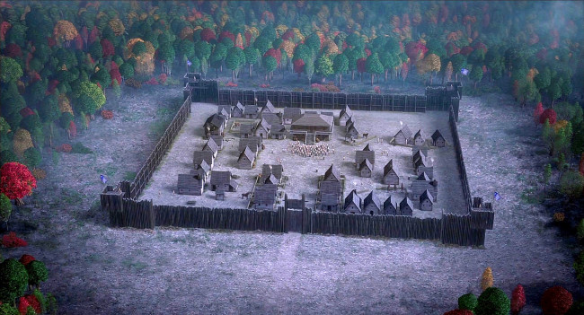 Обои картинки фото рисованное, города, деревья, лес, деревня, частокол, дом