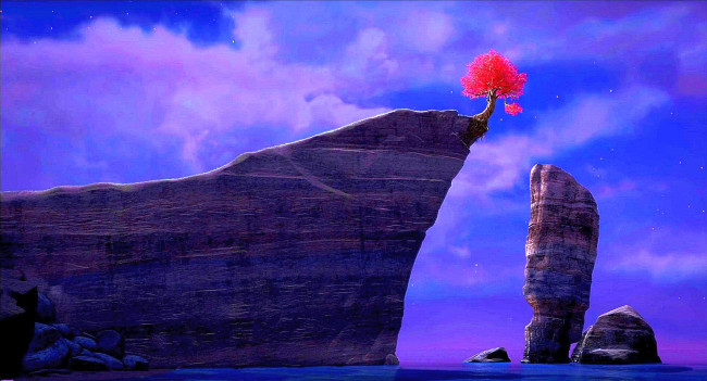 Обои картинки фото рисованное, природа, дерево, утес, водоем, облака, ночь
