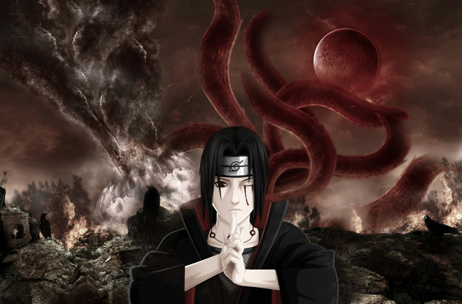Обои картинки фото аниме, naruto, шиноби, ворон, луна, аматерасу, shinobi, uchiha, itachi, кьюби, кровь, ниндзя