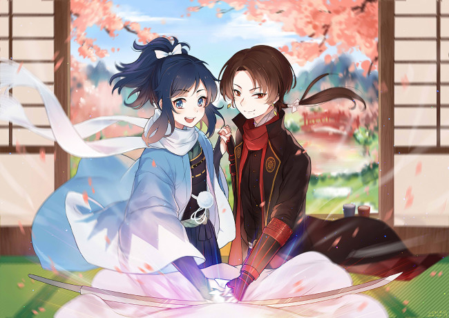 Обои картинки фото аниме, touken ranbu, танец, мечей