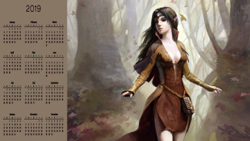 Картинка календари фэнтези лес деревья листья девушка