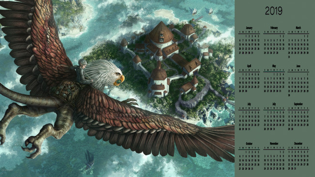 Обои картинки фото календари, фэнтези, дом, полет, существо, наездник