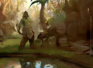 Картинка календари фэнтези человек 2019 calendar лук оружие водоем