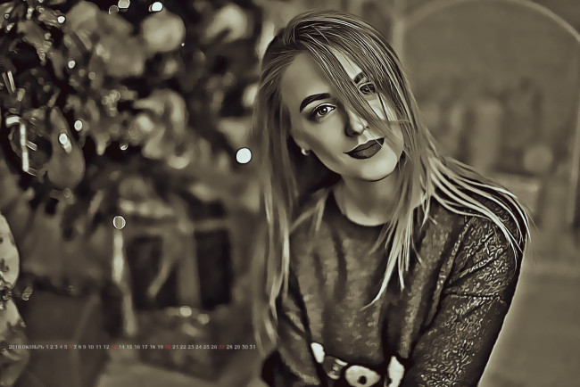 Обои картинки фото календари, компьютерный дизайн, девушка, взгляд, женщина, улыбка, calendar, 2019
