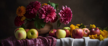Картинка еда яблоки букет георгины