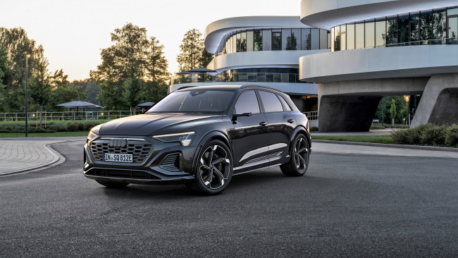 Обои картинки фото audi q8 sportback 55 e-tron quattro, автомобили, audi, черный, здание, парк