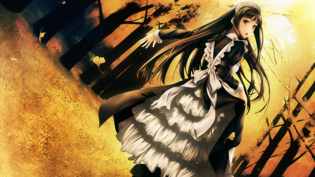 Обои картинки фото cartagra,  tsuki kurui no yamai, аниме, unknown,  другое , девушка, горничная, лес, осень