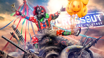 обоя видео игры, crossout, клоун, шарики, рожок, ленты, шины, стволы