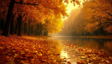 Картинка 3д+графика природа+ nature осень деревья листья дождь лес река