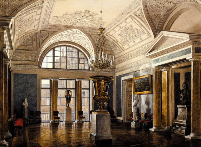 Обои картинки фото рисованное, эдуард гау, дворец, интерьер, зал, свод, лепнина, люстра, ваза, статуи